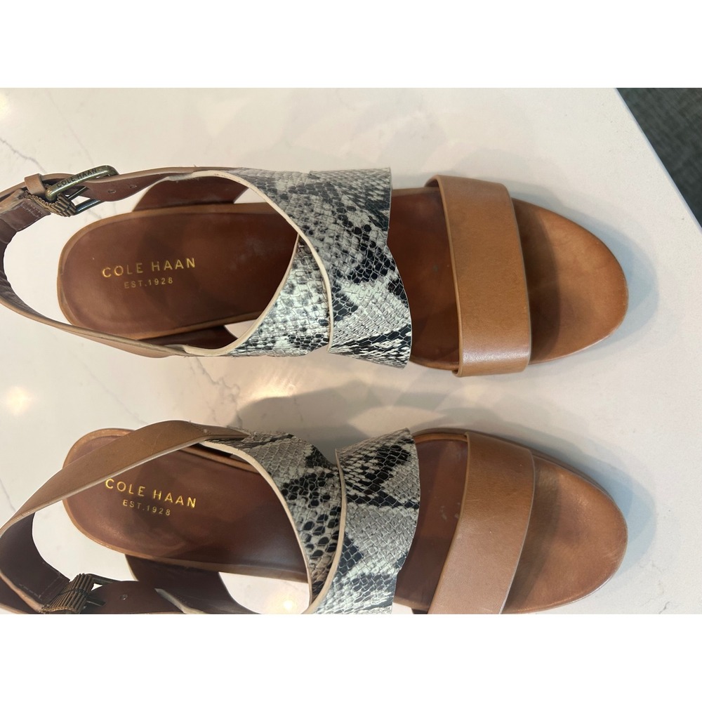 Cole‎ Haan Wedge Sandals Tan Snakeskin Embossed Leather Strappy Platform W01191